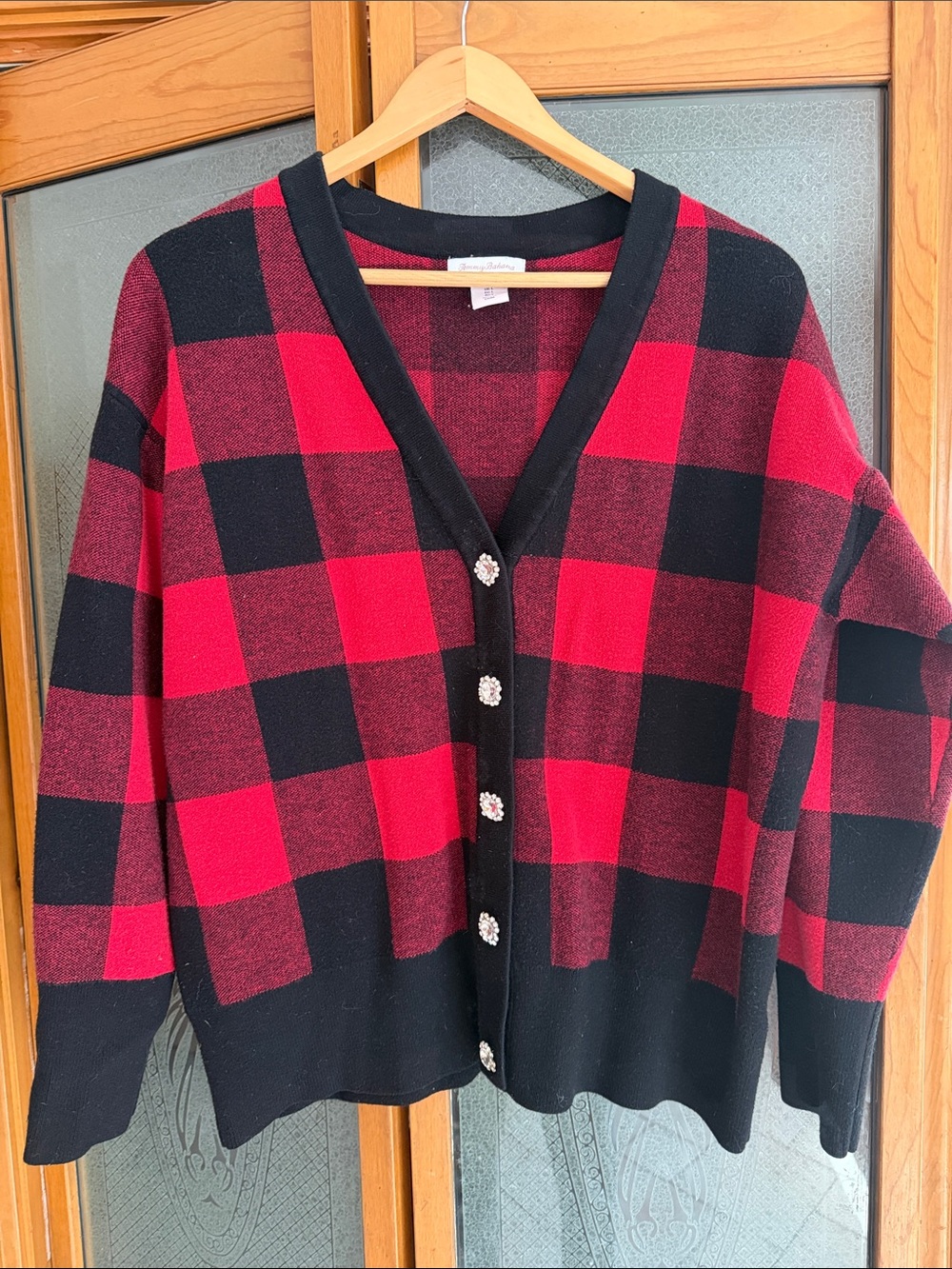 Tommy Bahama Buffalo Check Red and Black V-Neck Cardigan Sweater LG